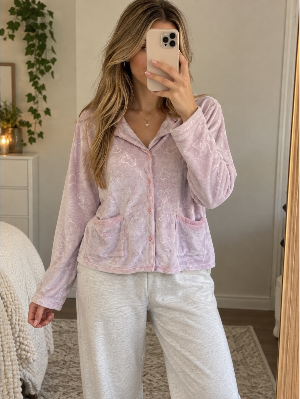 Jaclyn Intimates M Pink Heart Velour Button Front Pajama Sleep Top